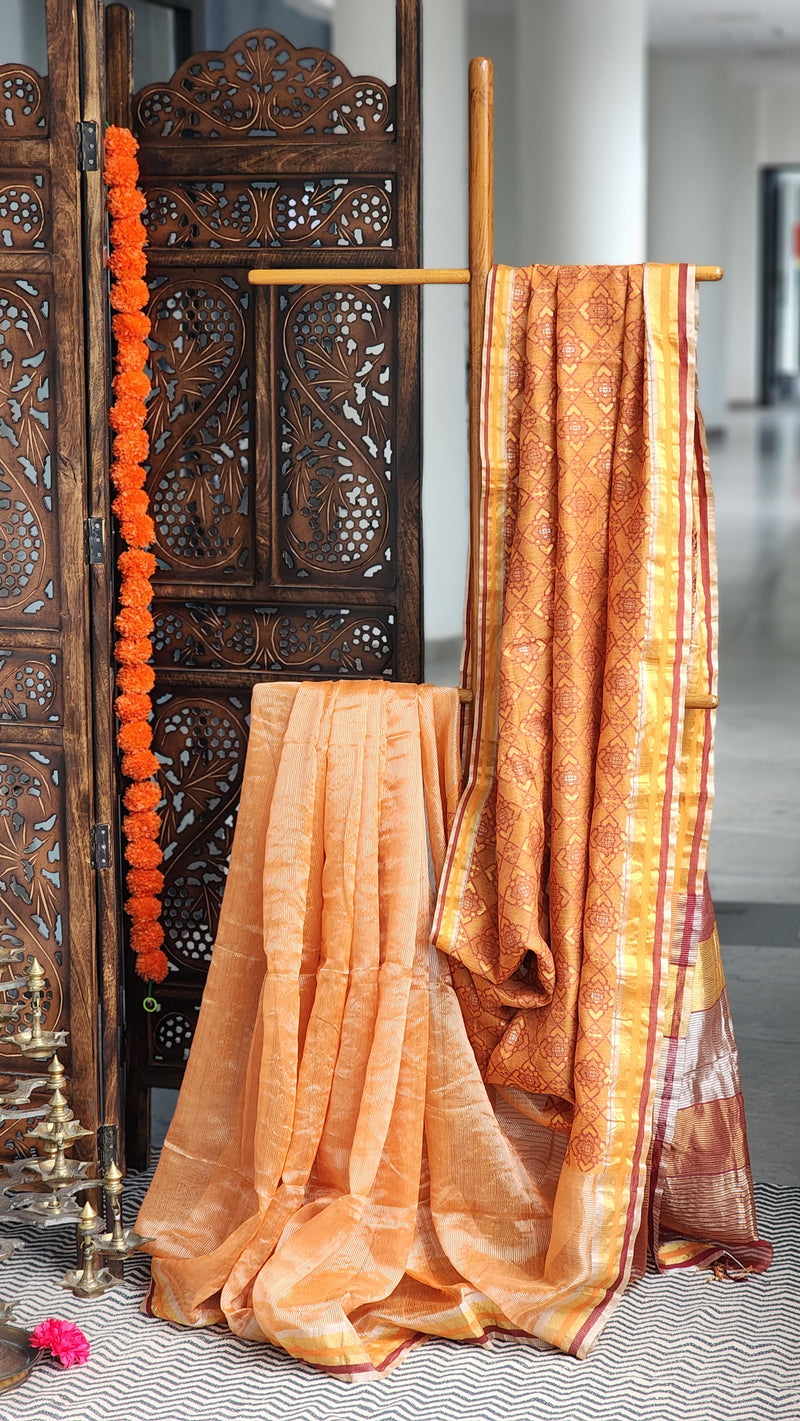 Golden silk linen saree with maroon and gold border handwoven in Bengal by RURIethnic