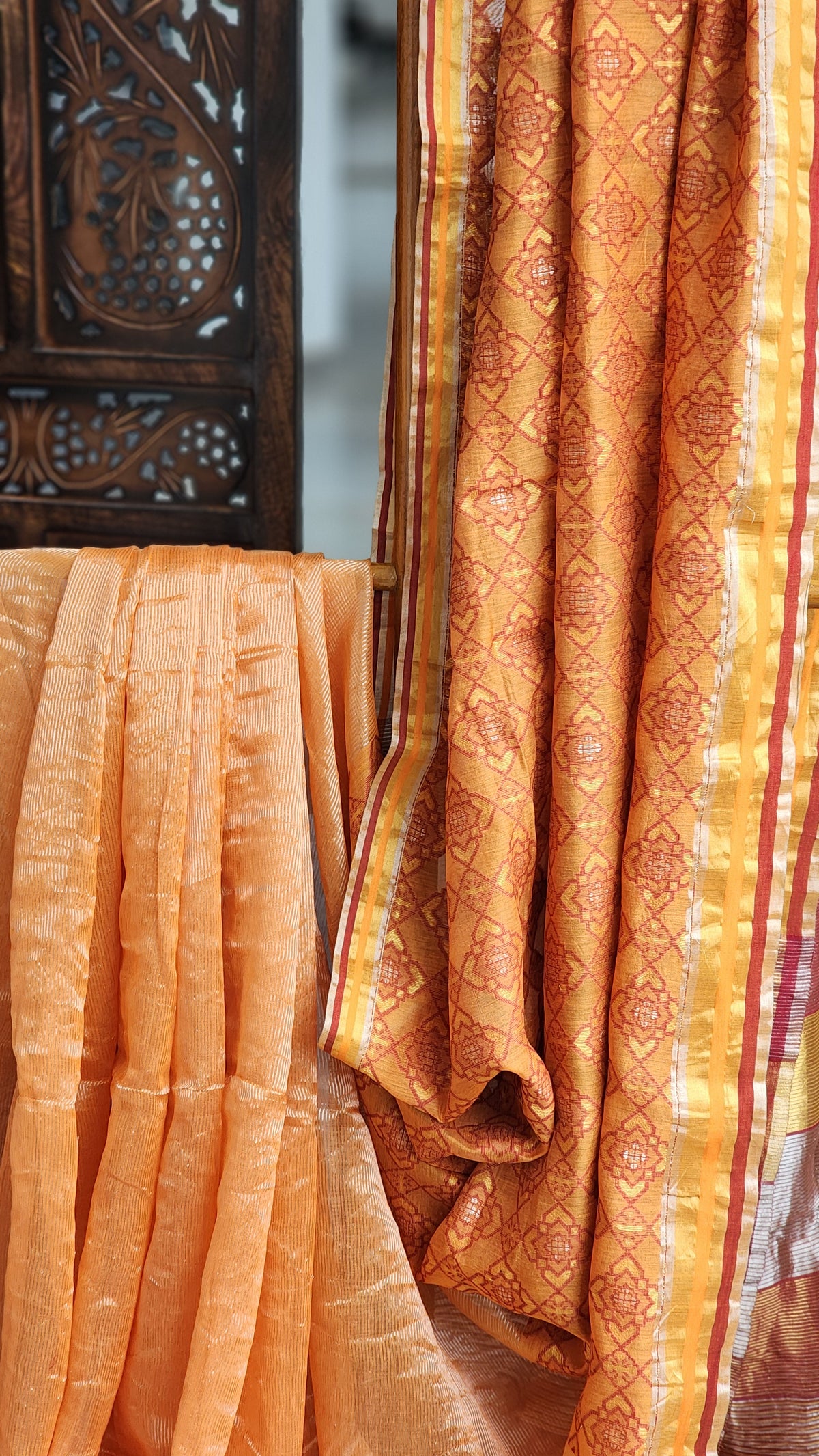 Golden silk linen saree with maroon and gold border handwoven in Bengal by RURIethnic