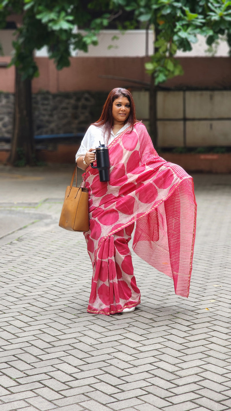 Pink chanderi cotton silk saree with white Bagru handblock motifs and zari border, light and festive handcrafted drape