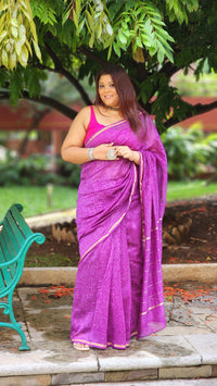 Purple Chanderi silk cotton saree with white Bagru handblock prints and zari border, handcrafted in Rajasthan