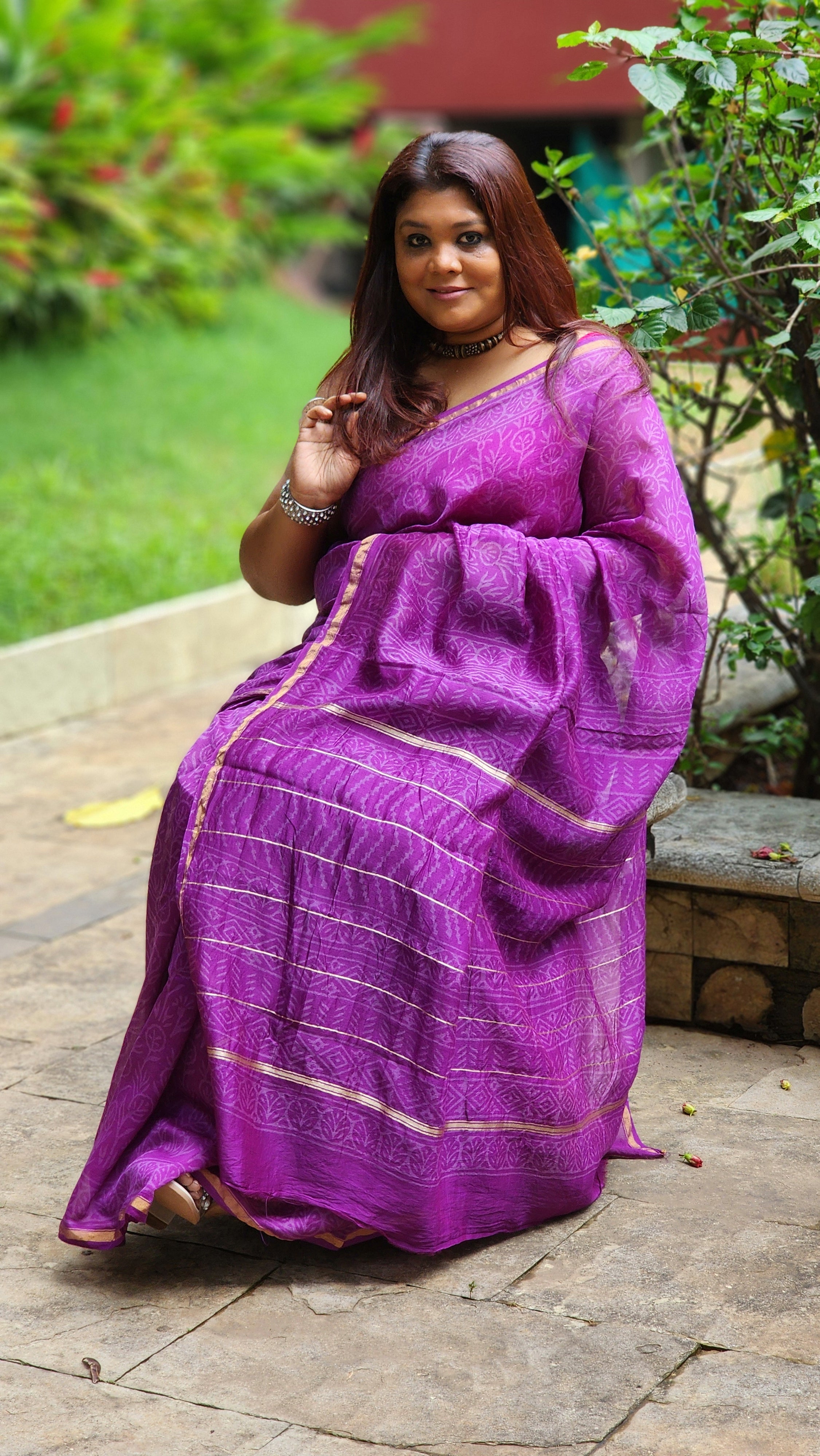 Purple Chanderi silk–cotton saree with white Bagru handblock prints and zari border, handcrafted in Rajasthan