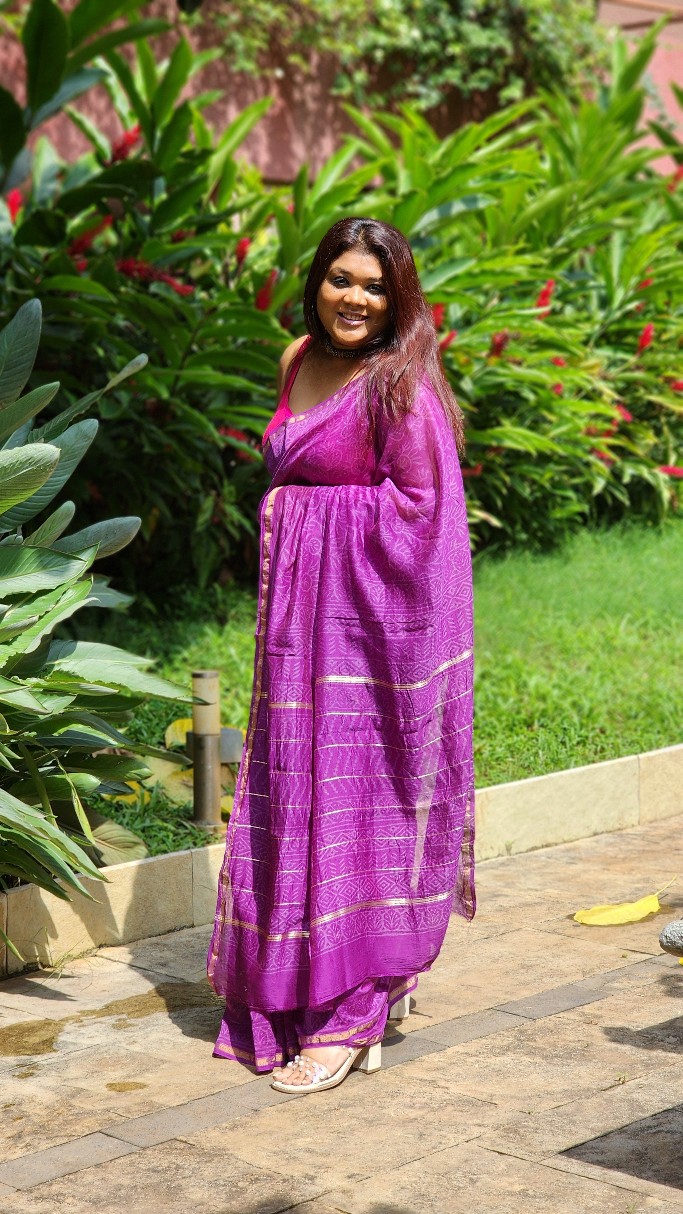 Purple Chanderi silk–cotton saree with white Bagru handblock prints and zari border, handcrafted in Rajasthan
