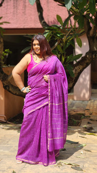 Purple Chanderi silk–cotton saree with white Bagru handblock prints and zari border, handcrafted in Rajasthan