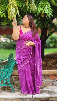 Purple Chanderi silk–cotton saree with white Bagru handblock prints and zari border, handcrafted in Rajasthan