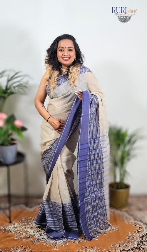 Grey and indigo blue cotton saree handloom drape from RURIethnic.