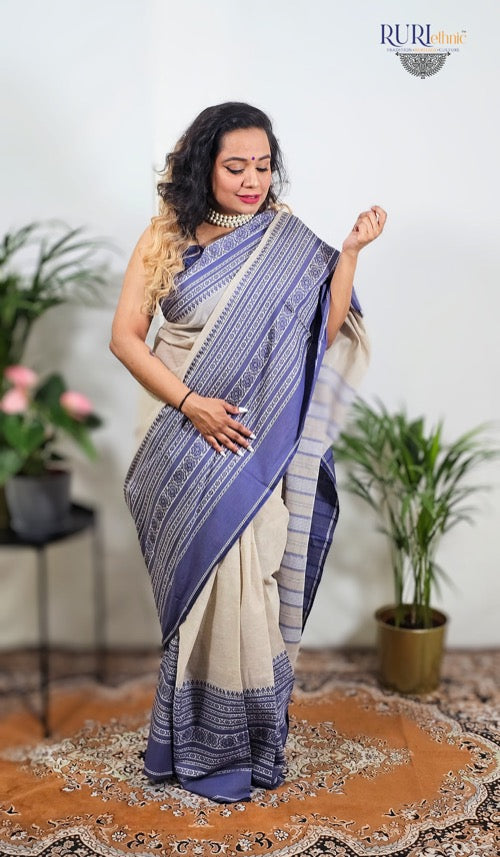 White and indigo blue cotton saree handloom drape from RURIethnic.