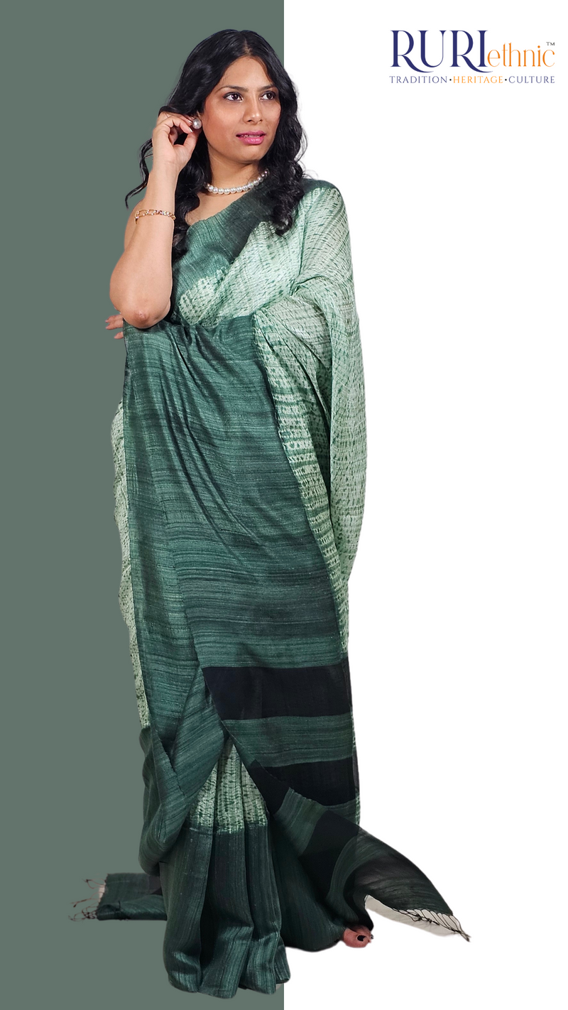 Pure silk green Shibori saree in dark and light green tones