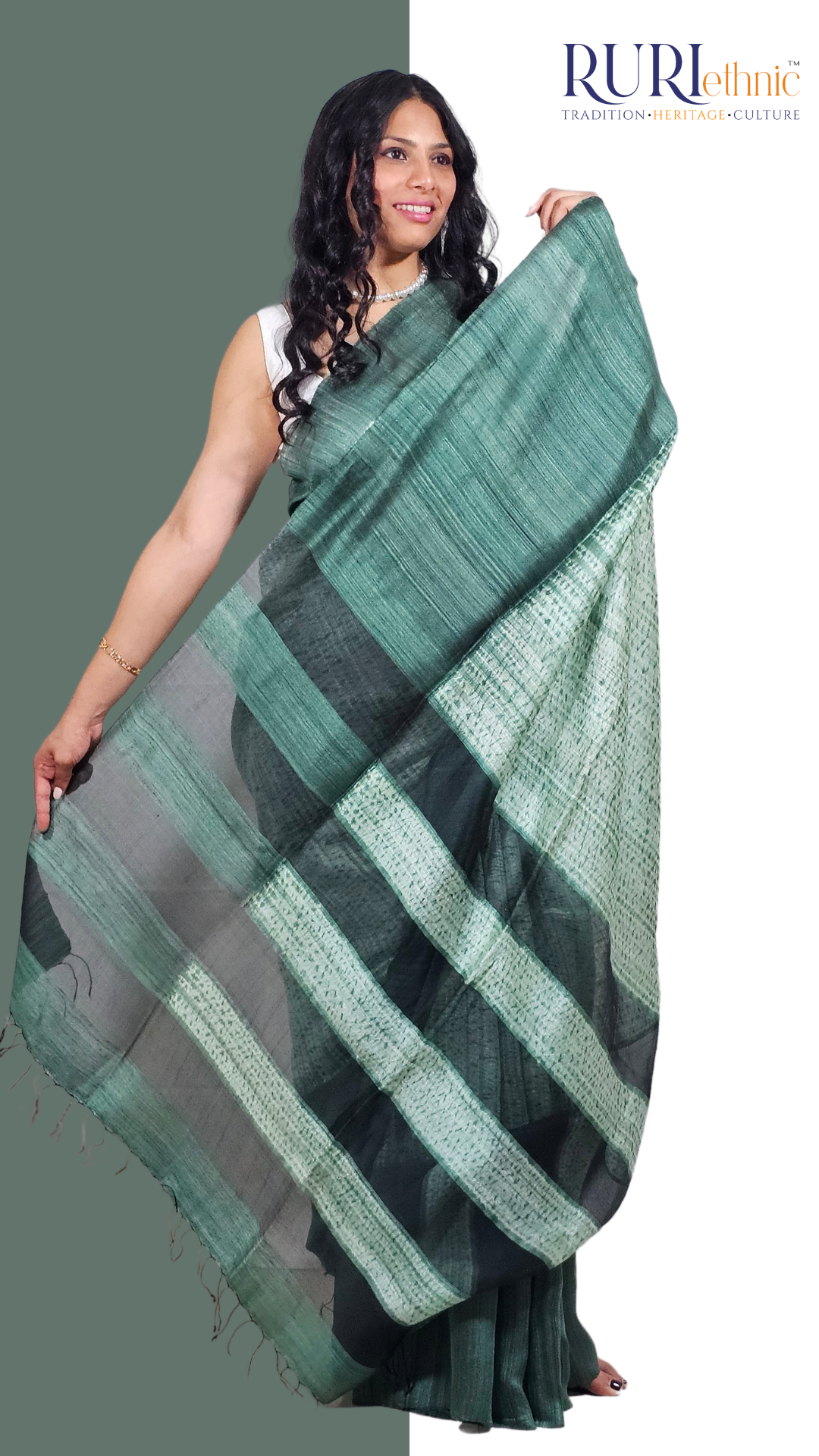 Shibori dye pattern detail on pure silk green saree