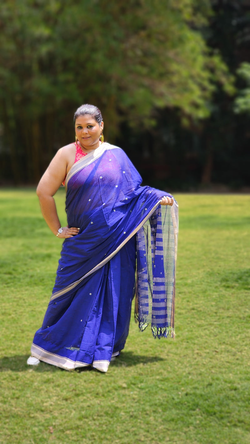 Royal blue handloom cotton saree with silver border – elegant everyday wear from RURIethnic.