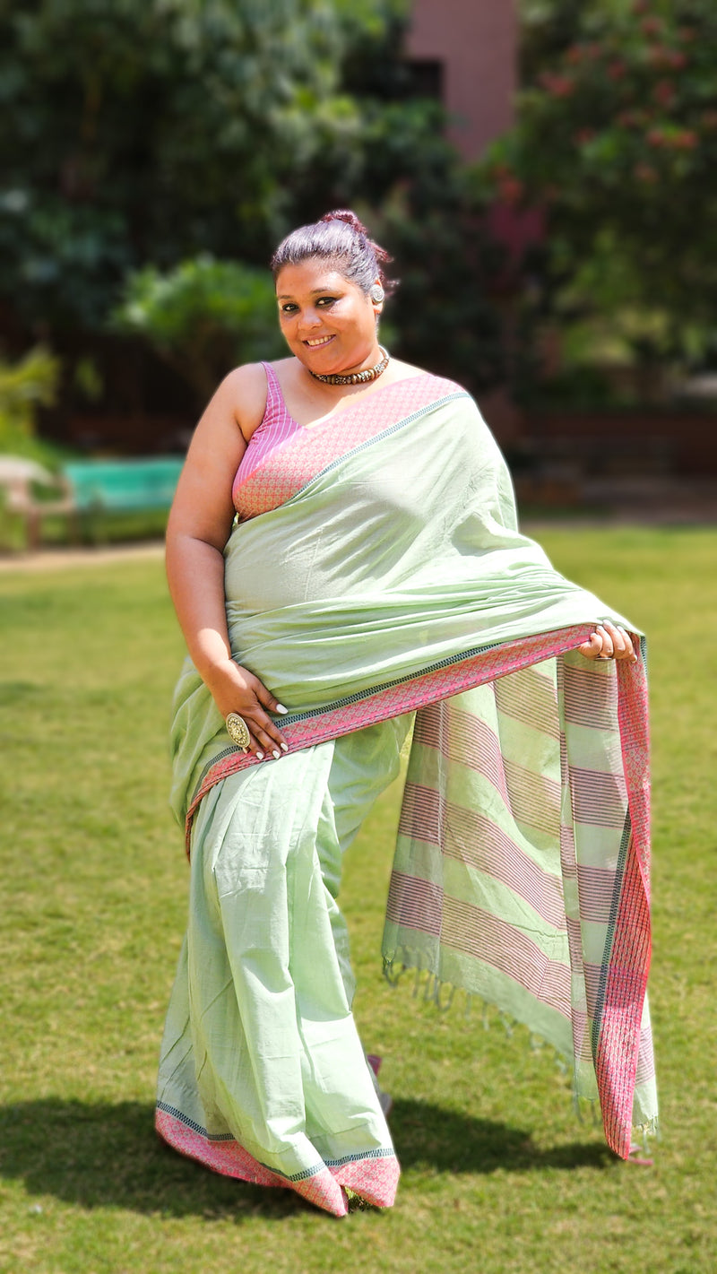 Blush Wind mint green handloom cotton saree with pink border – soft lightweight summer saree from RURIethnic.