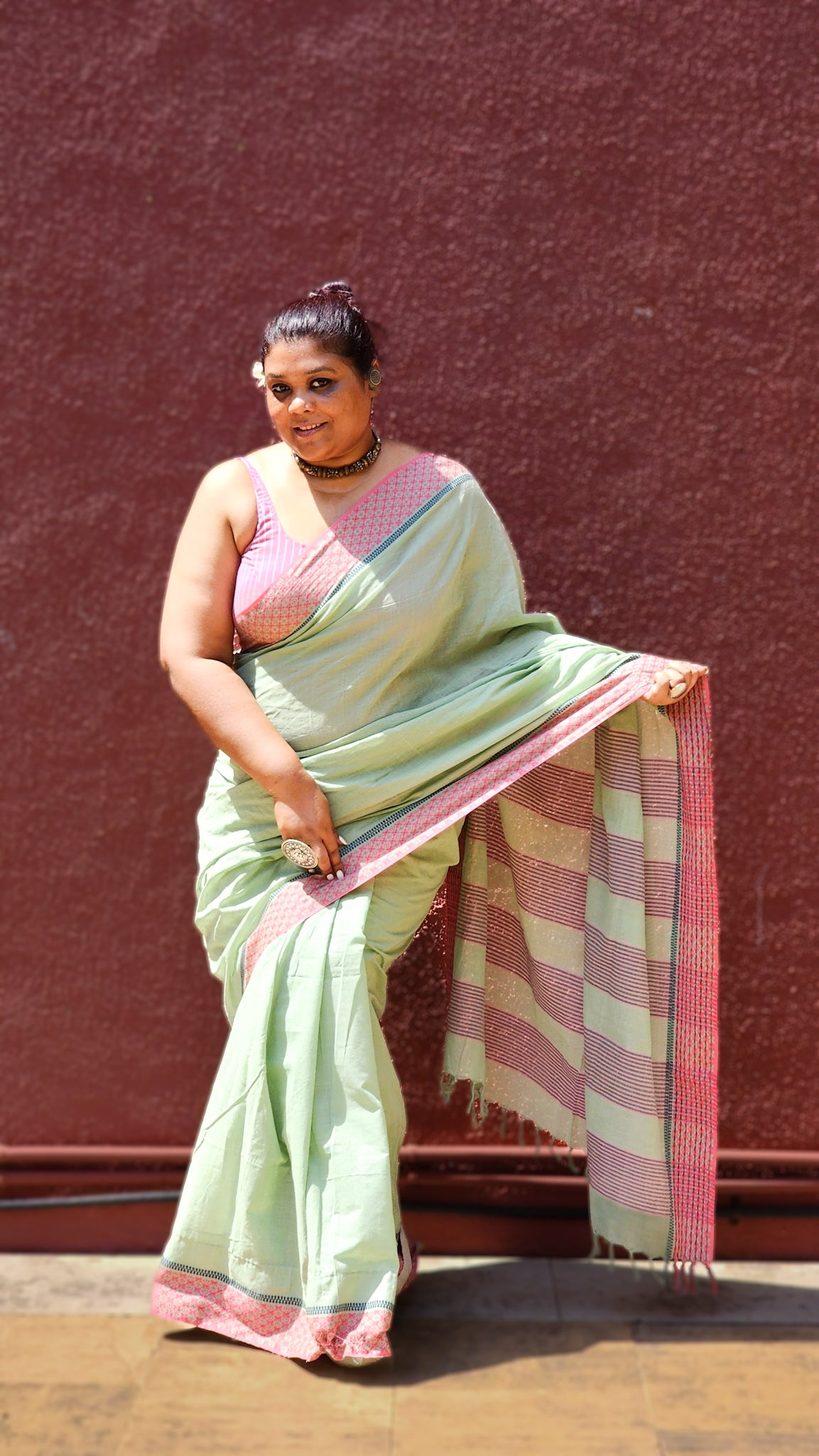 Blush Wind mint green handloom cotton saree with pink border – soft lightweight summer saree from RURIethnic.