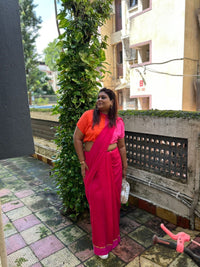 Pink mull cotton saree with gold border – playful soft cotton drape from RURIethnic.