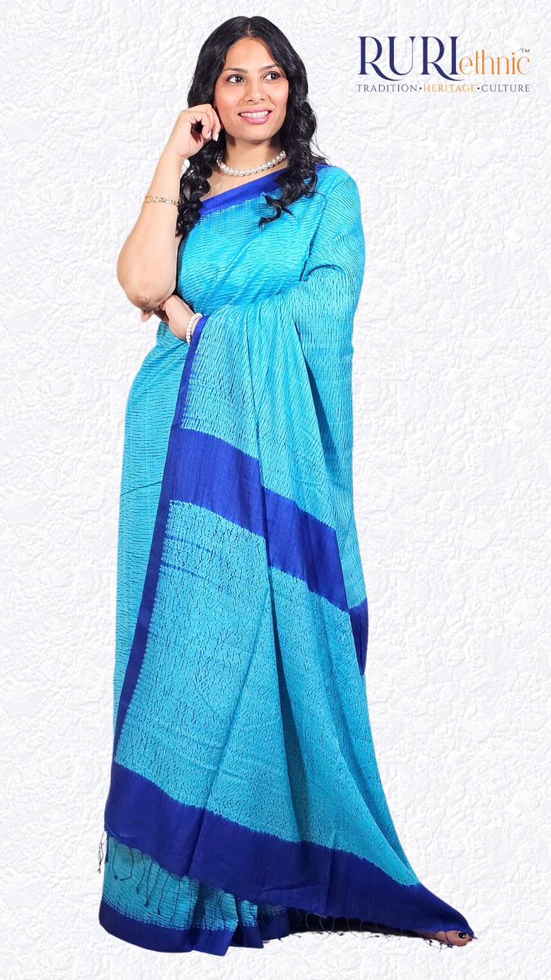 Aquamarine blue pure silk Shibori saree in dual blue tones
