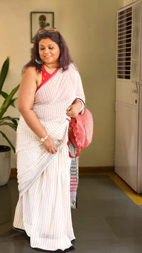 White striped cotton saree – soft handloom everyday wear from RURIethnic.