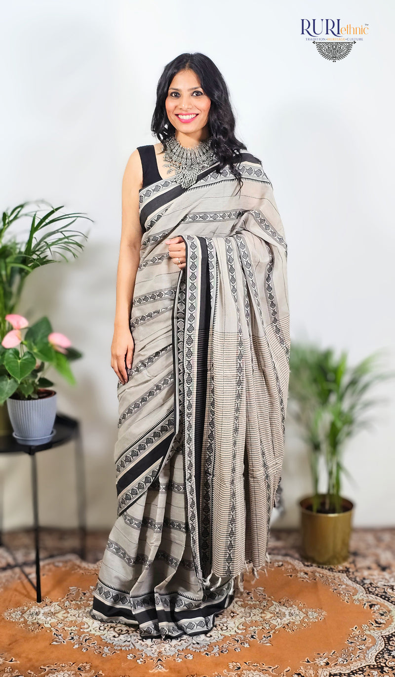 Grey cotton handloom saree with black border