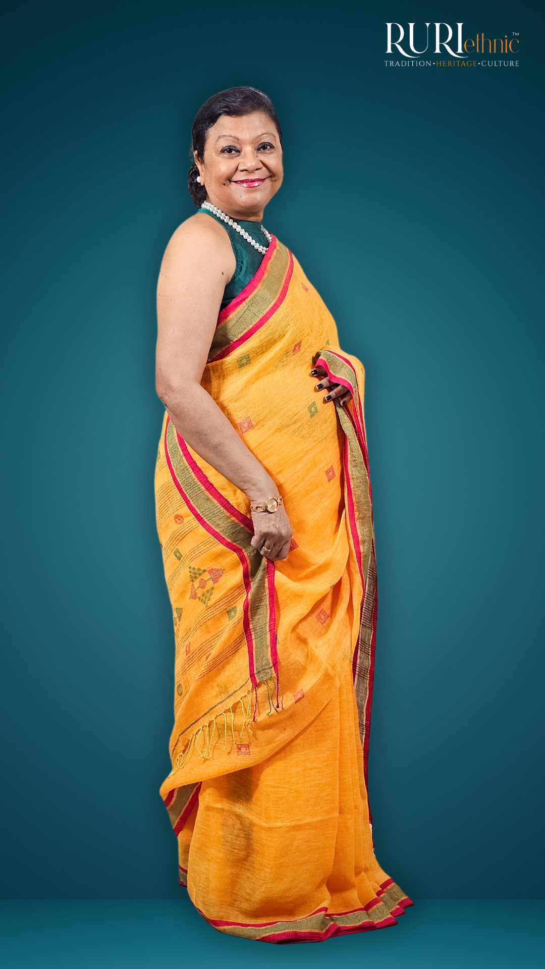 Motif detail on golden yellow linen saree