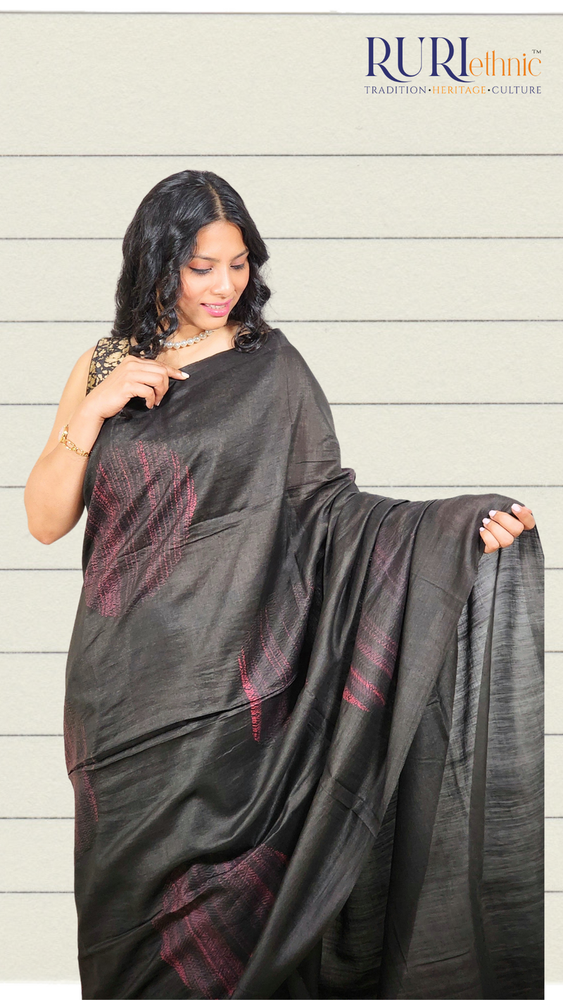 Black cotton silk Shibori saree with pink patches