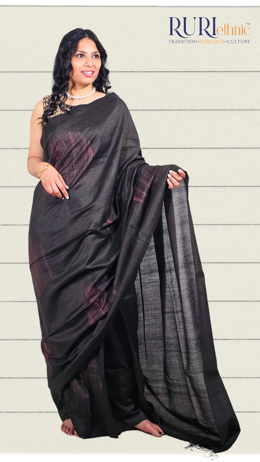Black cotton silk Shibori saree styled for evening wear