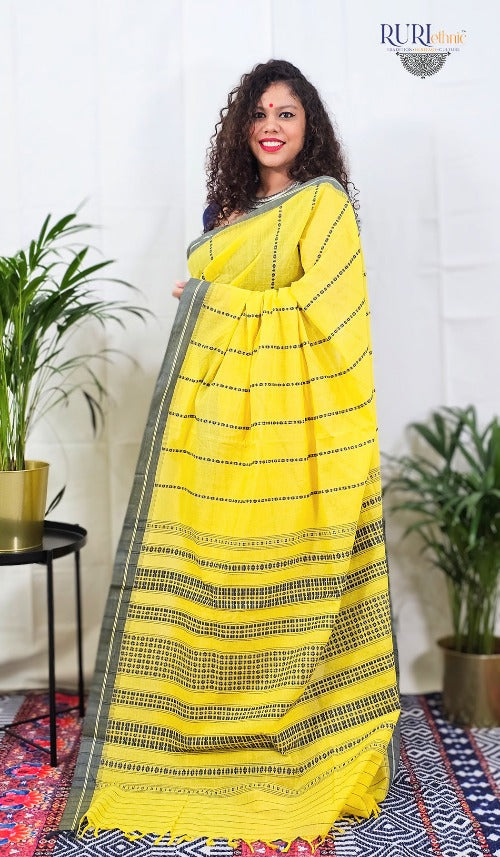 Grey border detail on yellow cotton handloom saree