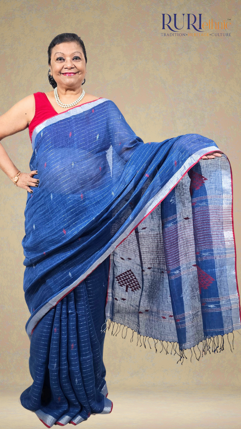 Navy blue pure linen handloom saree
