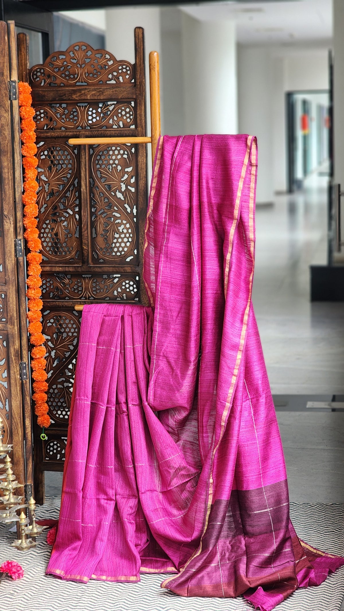 Wine-pink Matka silk saree with shaded ombre border from Mohana Collection – Madhavi saree. 