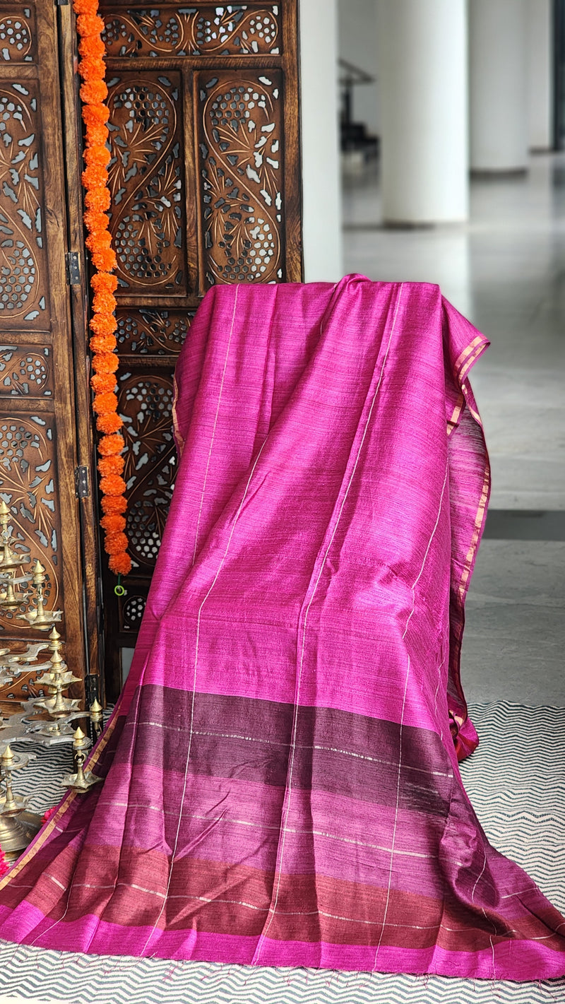 Wine-pink Matka silk saree with shaded ombre border from Mohana Collection – Madhavi saree. 
