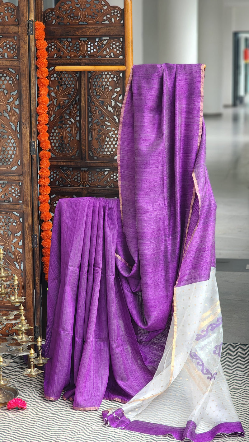 Violet matka silk saree with organza pallu.