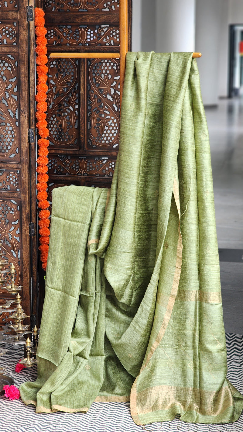 Light sage green matka silk saree with gold border