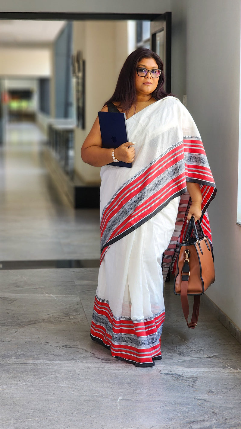 White cotton saree with red and black border contemporary handloom design from RURIethnic.