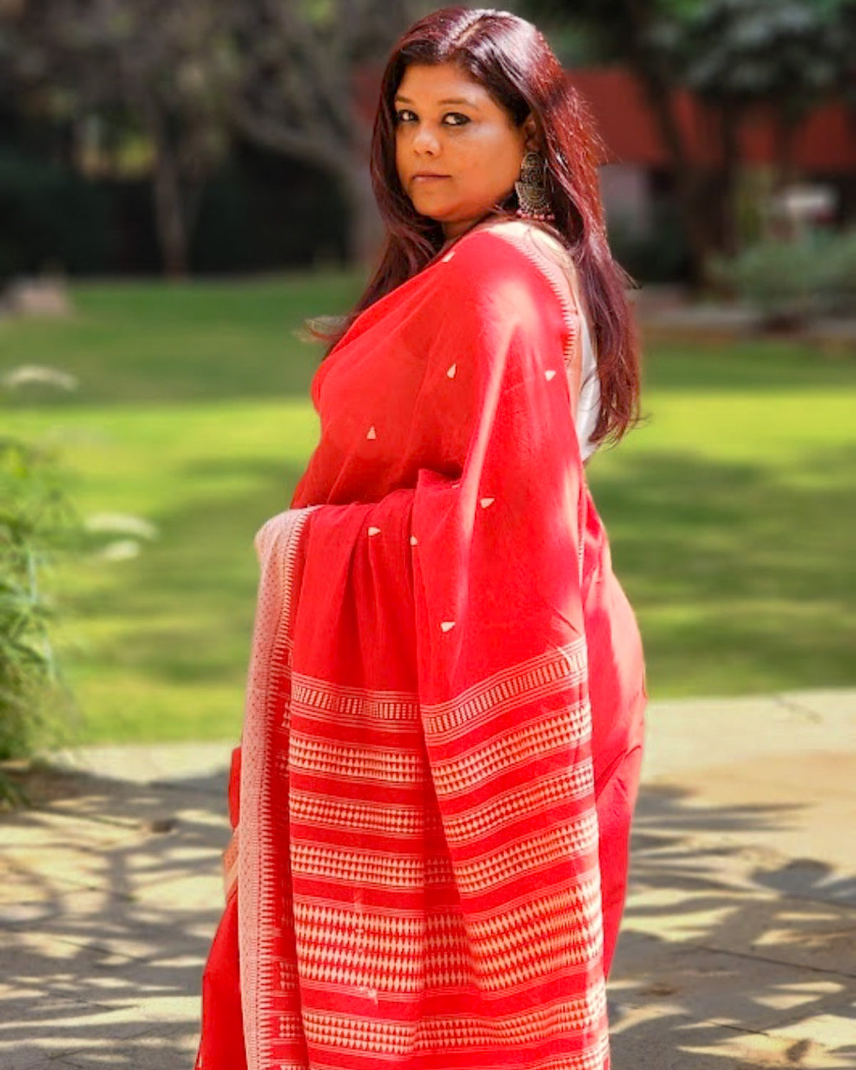 Red cotton handloom saree with white woven motifs – bright everyday saree from RURIethnic.