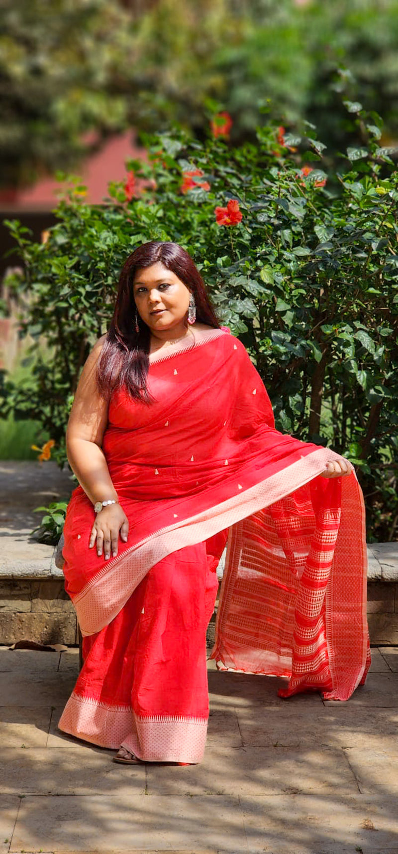 Red cotton handloom saree with white woven motifs – bright everyday saree from RURIethnic.