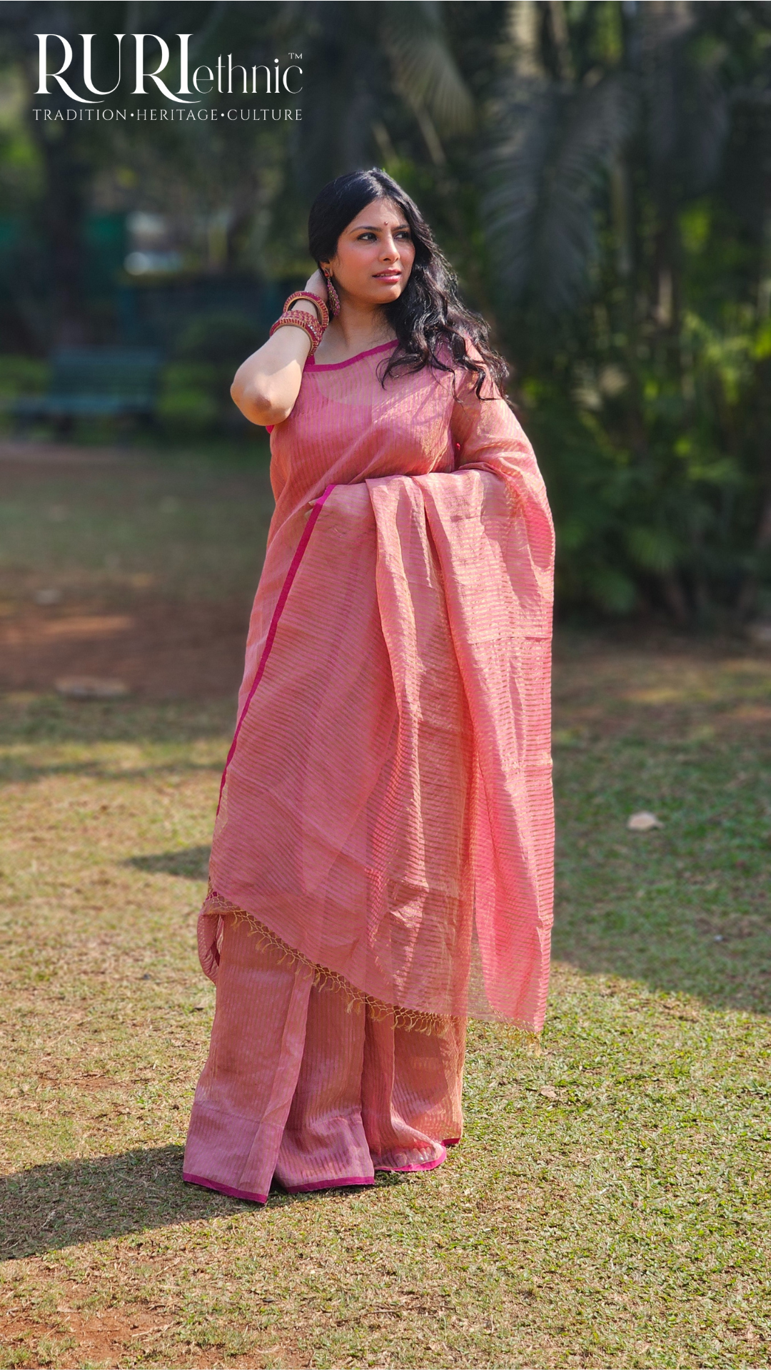 Zari stripe detail on tissue silk linen saree