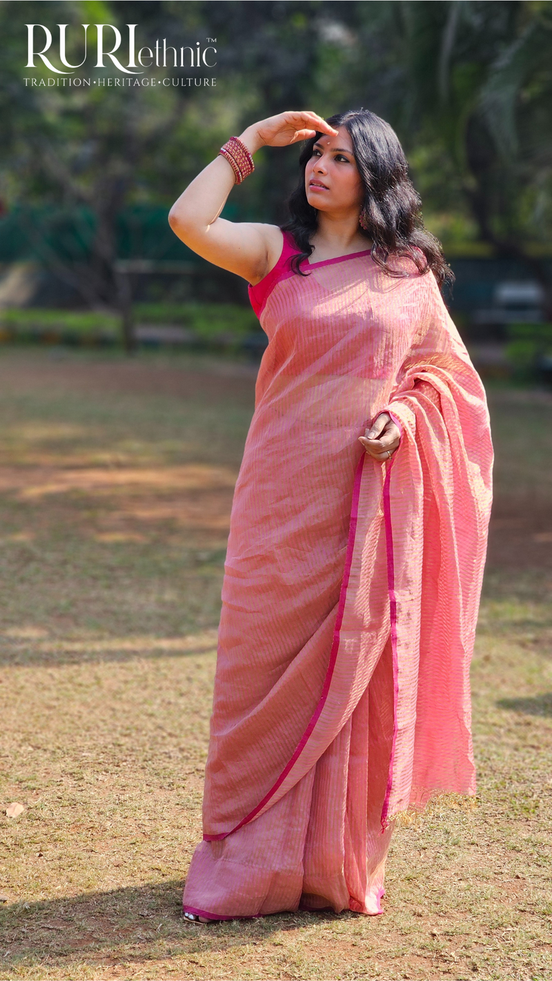 Tissue silk linen saree with zari stripes