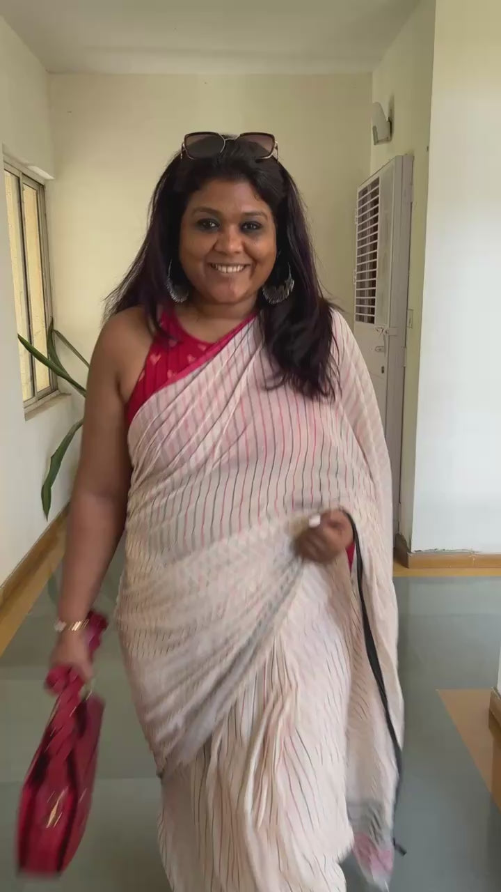 White striped cotton saree – soft handloom everyday wear from RURIethnic.