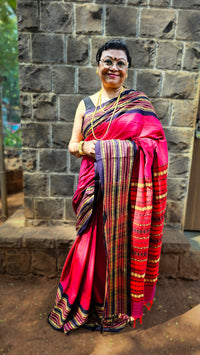 Rani Hawa pink cotton handloom saree with black and gold border – breathable everyday wear from RURIethnic.