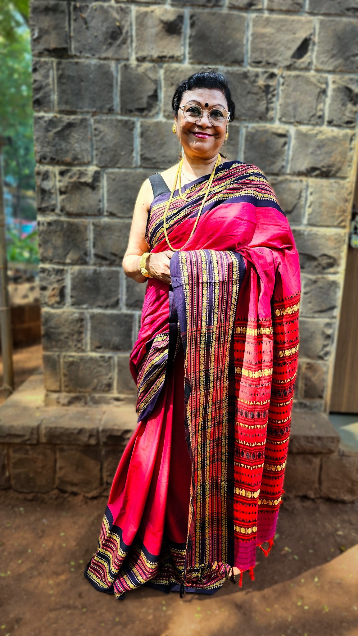 Rani Hawa pink cotton handloom saree with black and gold border – breathable everyday wear from RURIethnic.