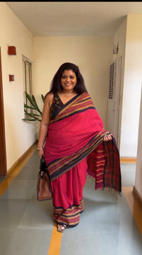 Rani Hawa pink cotton handloom saree with black and gold border – breathable everyday wear from RURIethnic.