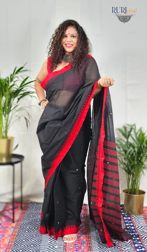 Black cotton handloom workwear saree with red temple border