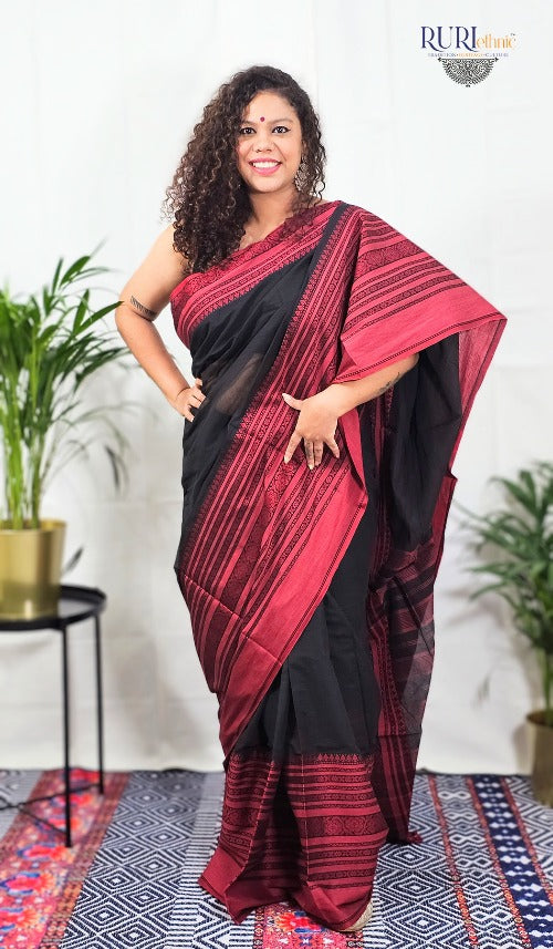 Black cotton handloom workwear saree with red woven border