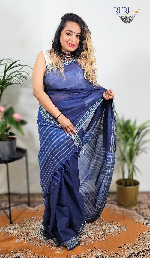 Blue cotton handloom workwear saree with white-blue woven border