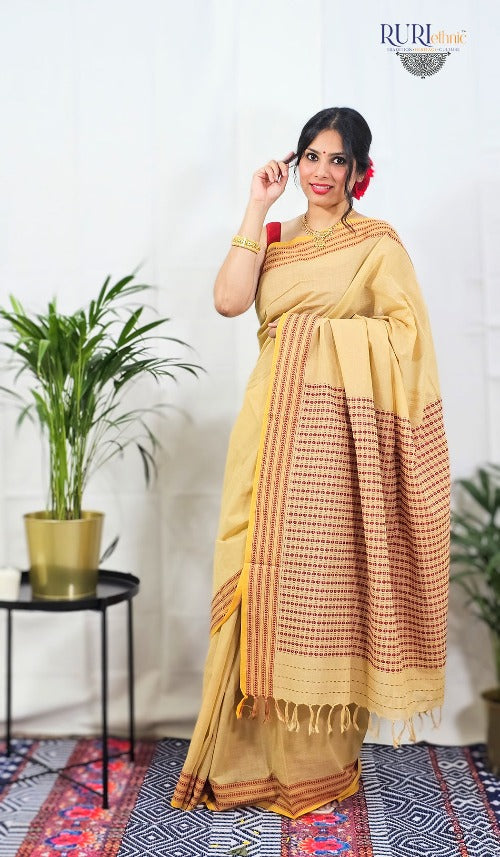 Ruaab brown cotton saree with patterned handwoven pallu