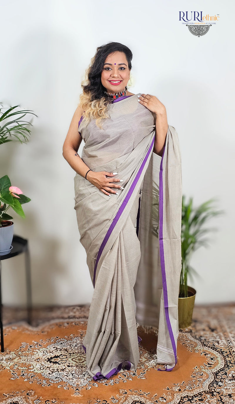 Grey cotton handloom workwear saree with purple woven border