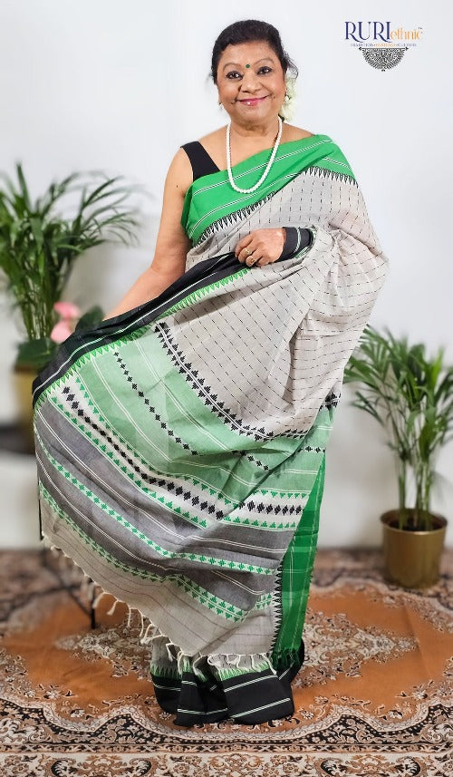 Grey cotton handloom workwear saree with black threadwork stripes