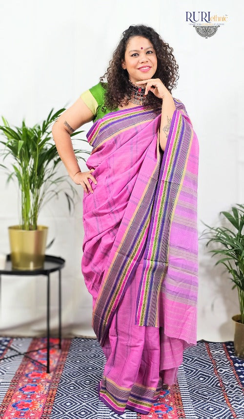 Lightweight pink cotton saree for everyday workwear