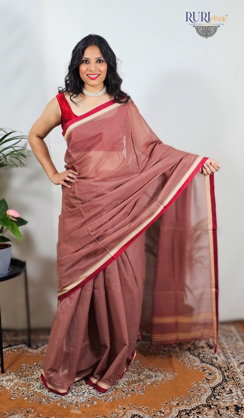 Plain brown cotton handloom workwear saree with red and white border