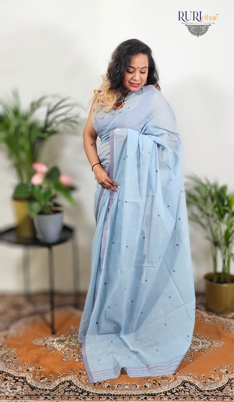 Powder blue cotton handloom workwear saree with woven motifs