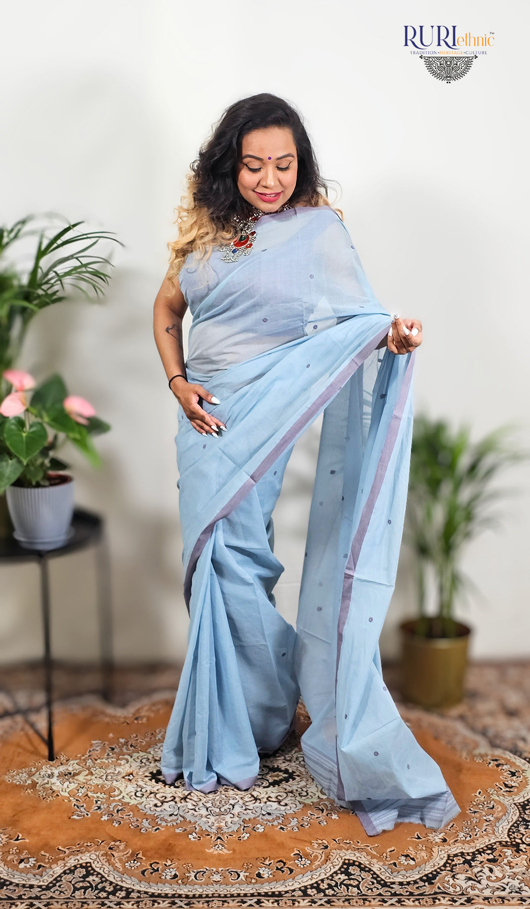 Ruaab powder blue cotton saree suitable for office wear