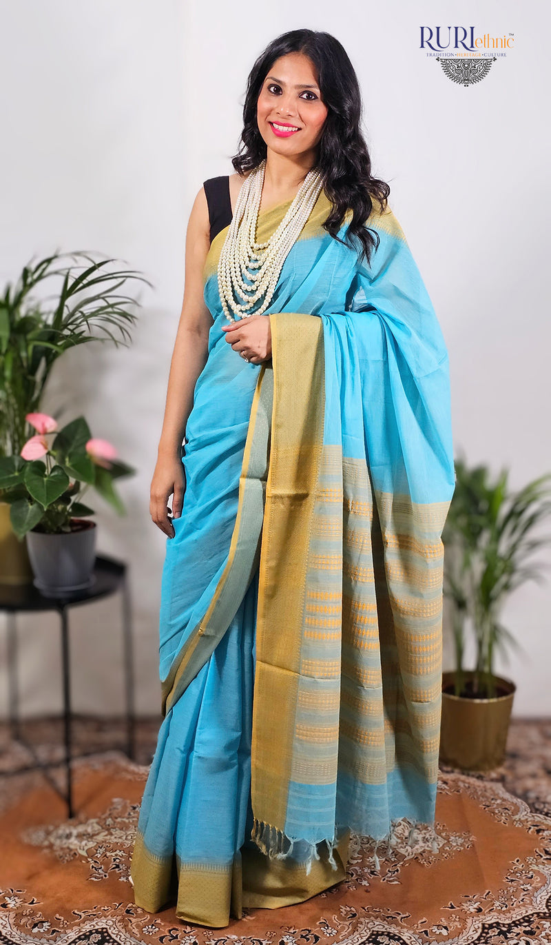 Sky blue cotton handloom workwear saree with yellow woven border