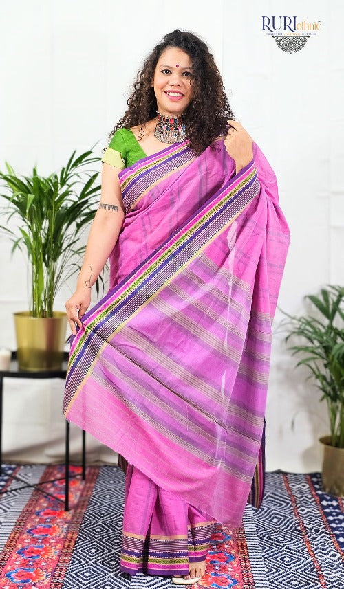 Soft pink cotton handloom workwear saree with blue self stripes