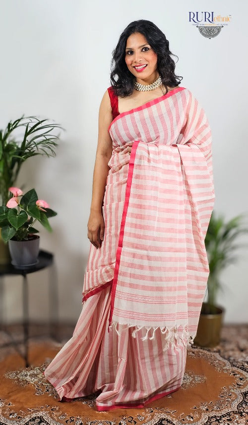 White cotton handloom workwear saree with red woven stripes